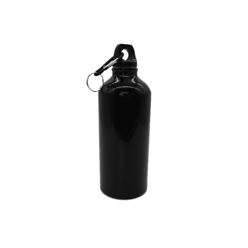 A drink bottle in black, featuring a screw top lid and a metal clip for easy attachment.