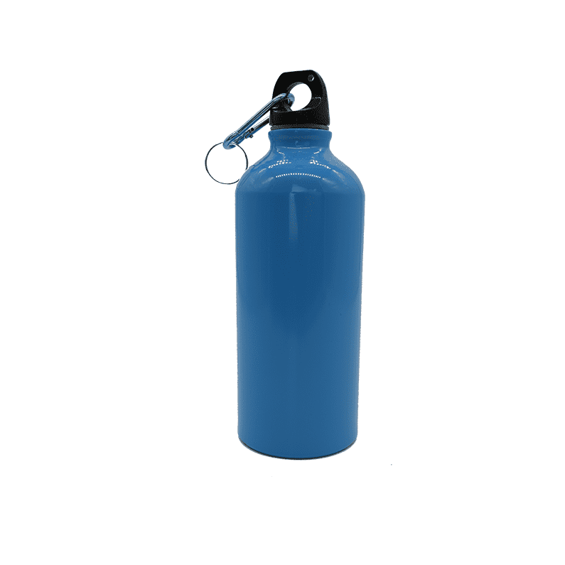 A drink bottle in vibrant blue with a black lid and a carabiner clip. It features a logo on the side.