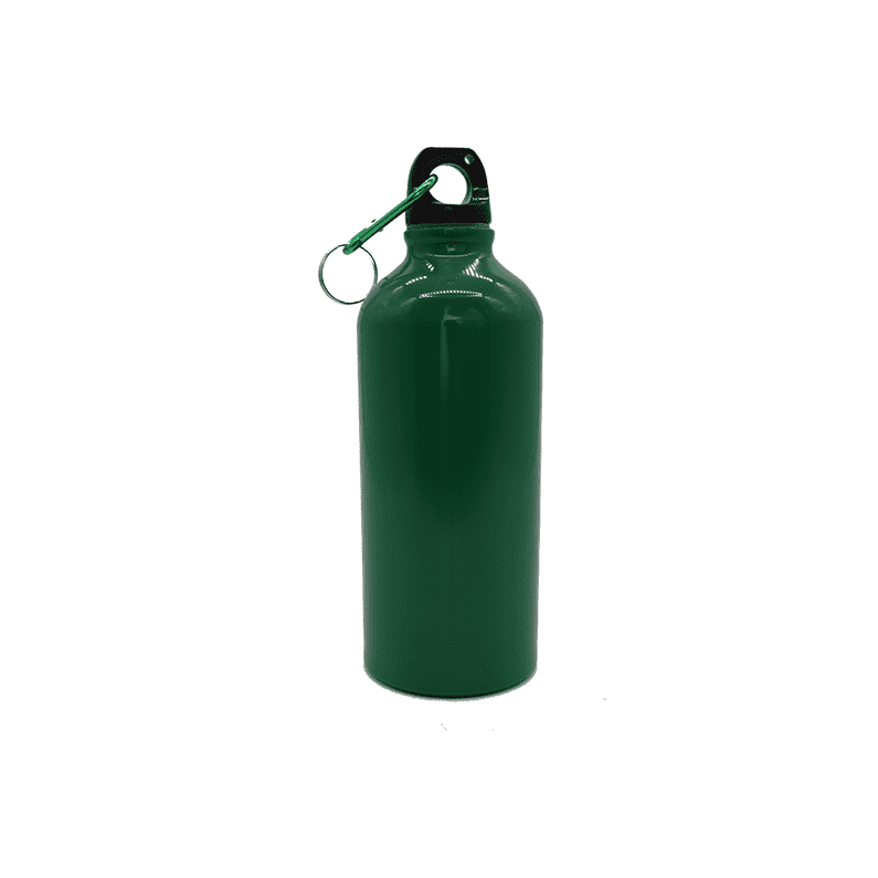 A drink bottle in a solid green colour with a black cap and a metal clip. It features a logo.