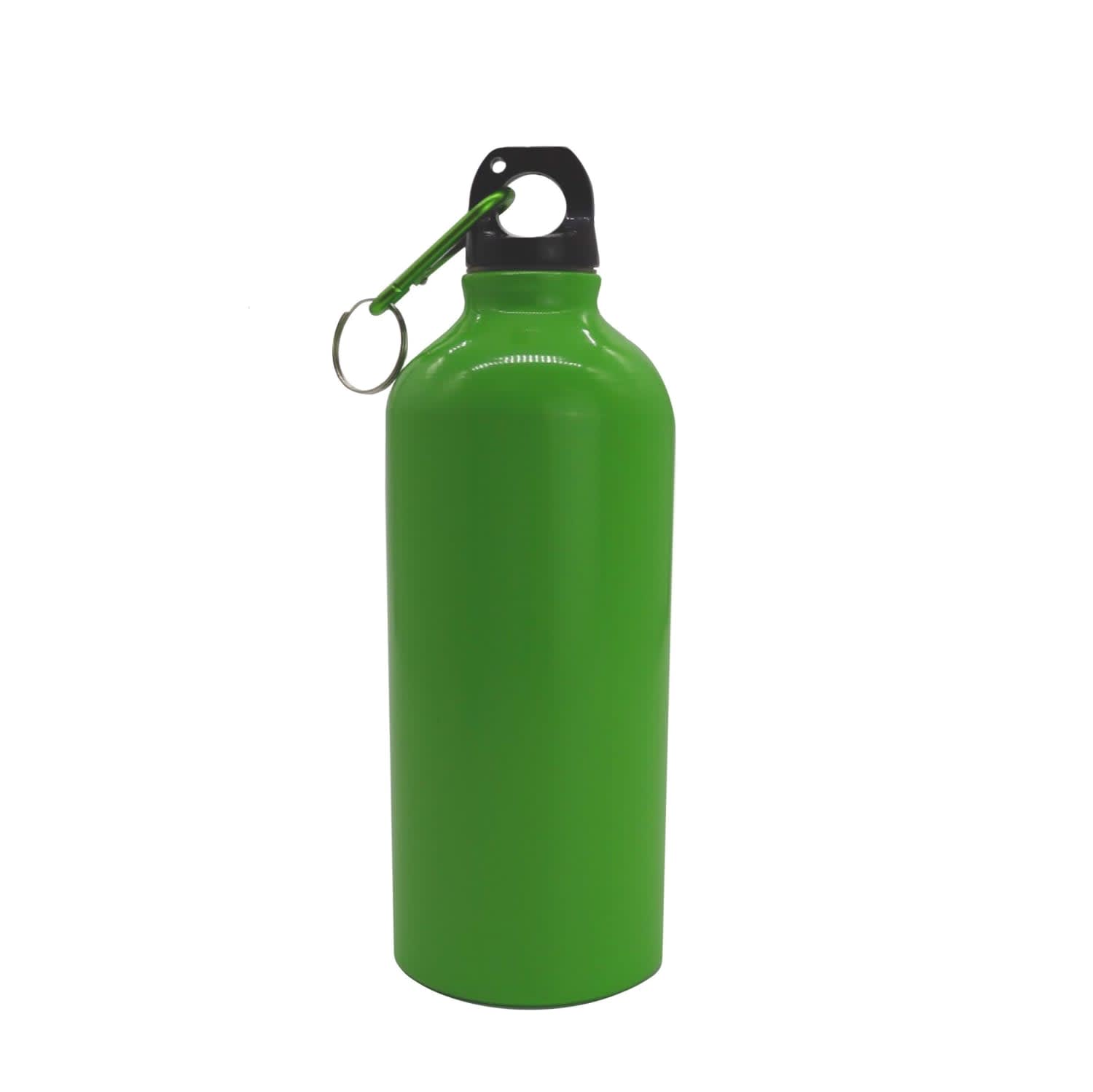 A drink bottle in vibrant green, featuring a metal body and a black lid with a clip for easy attachment.