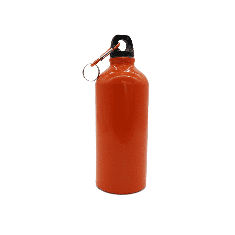 A drink bottle with a glossy orange finish, featuring a black lid and a metal carabiner attachment.