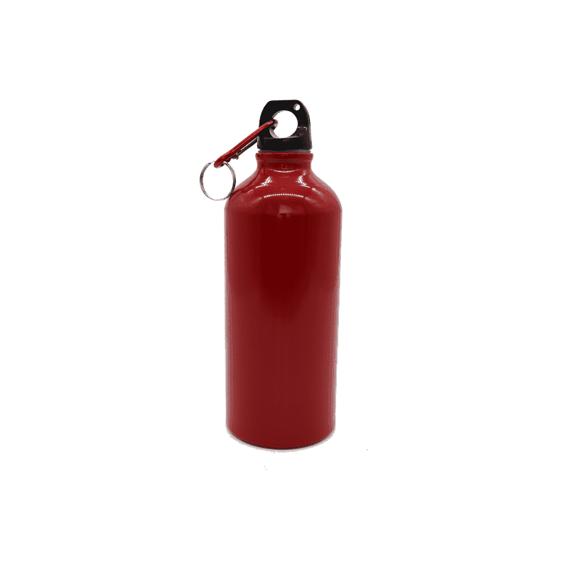 A drink bottle in bright red with a black lid and attached keyring for easy carrying. It has a logo on the side.