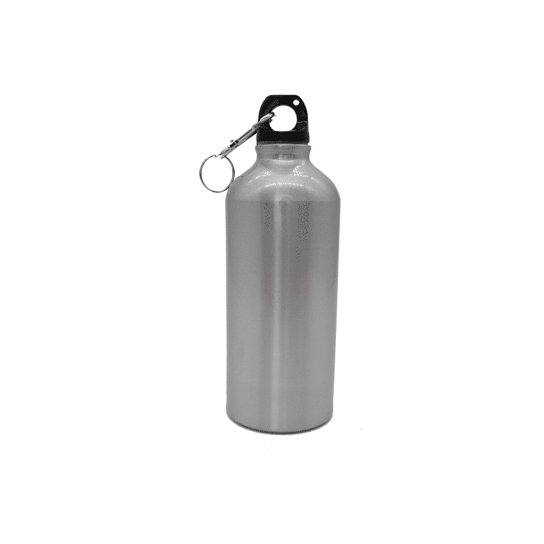 A drink bottle made of silver metal, featuring a black lid with a keyring attachment and a sleek, cylindrical design.
