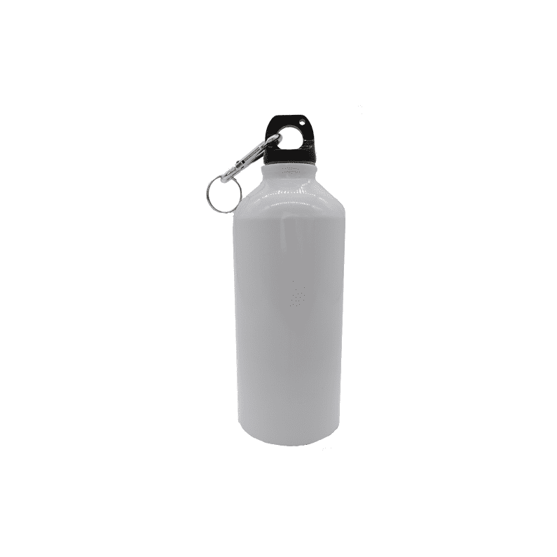 A drink bottle in a sleek white finish with a black top and carabiner attachment. Features a logo.