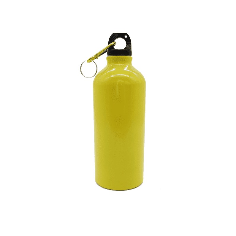 A drink bottle in bright yellow with a black cap and a metal loop attachment.