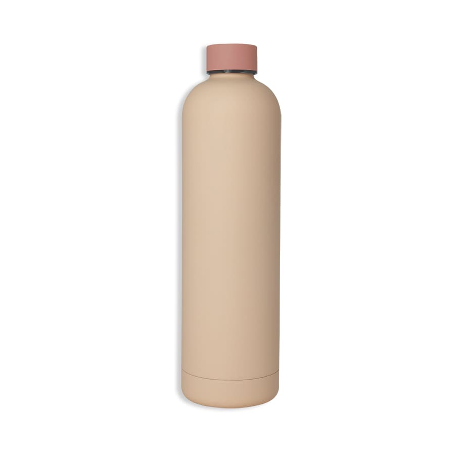 A drink bottle in a muted beige colour with a pink cap, featuring a logo on its surface.