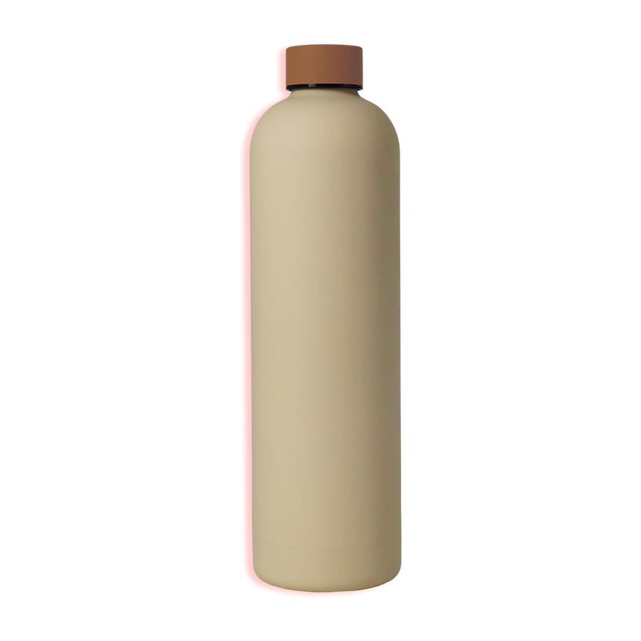 A drink bottle in beige with a brown lid. It has a smooth finish and features a logo.