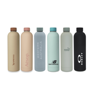 A drink bottle collection featuring pastel tones, including beige, mint green, and black, with various logos.