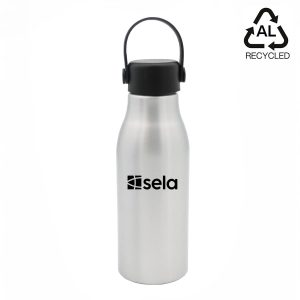 A drink bottle in silver with a black lid and a handle, featuring a logo on the front.