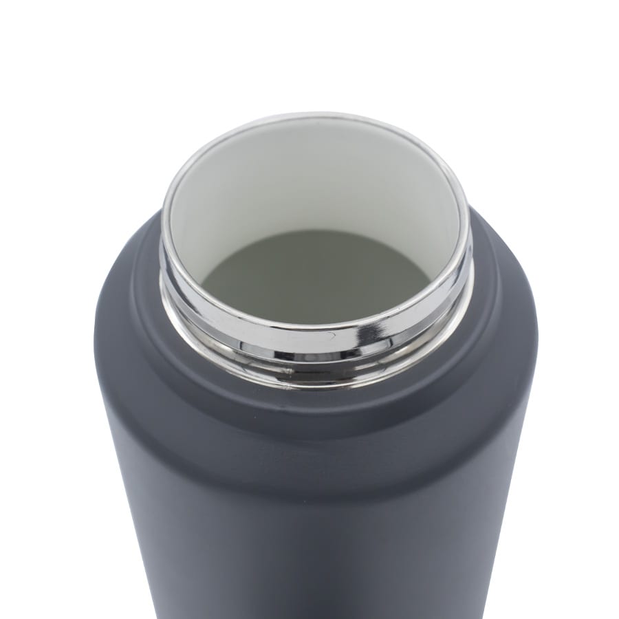 A drink bottle with a black exterior and a stainless steel interior, featuring a rounded opening.