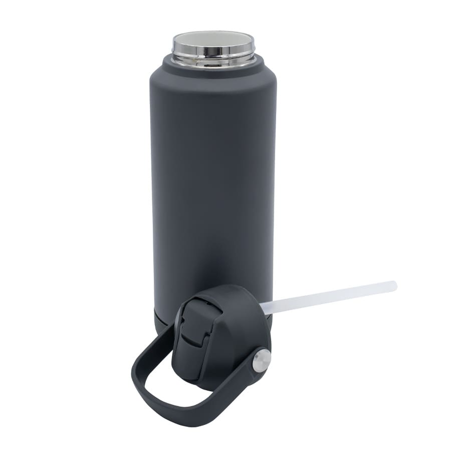 A drink bottle in matte black with a silver lid and a black handle, featuring a straw. It has a logo.