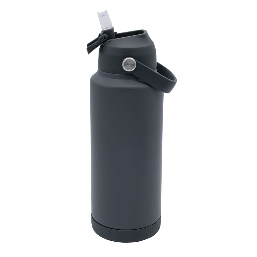 A drink bottle in matte black with a flip-top lid and a carrying handle. It features a logo on the body.