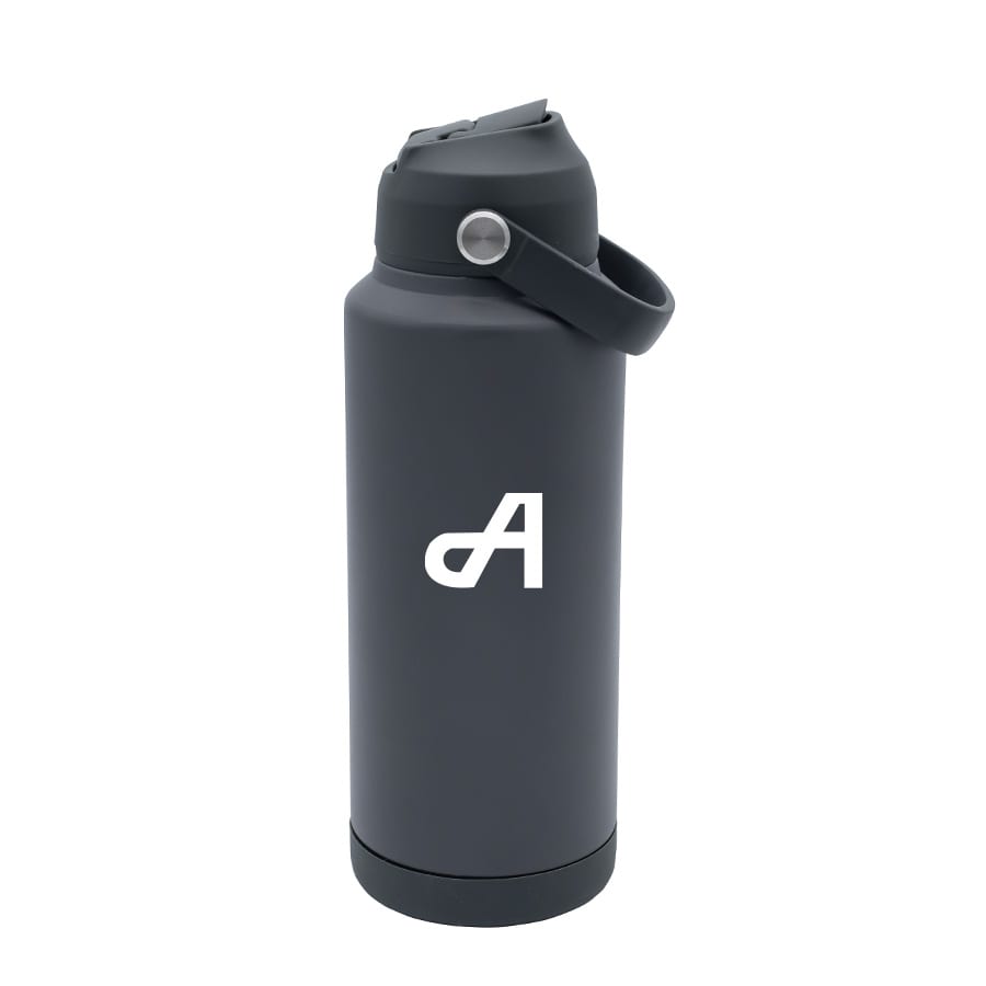 A drink bottle in matte black with a carrying handle and a logo on the front. Ideal for hydration on the go.