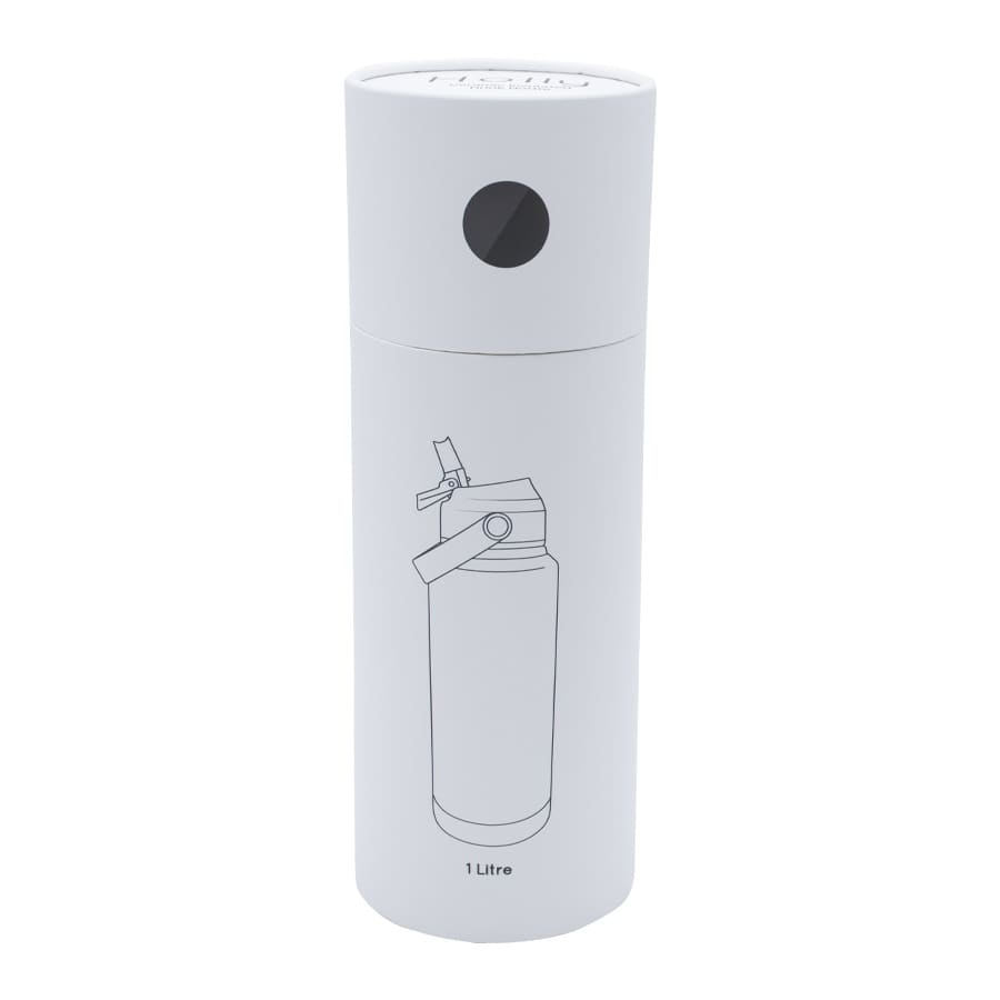 A drink bottle with a sleek white design and a round top, featuring a drawing of a spray bottle and a logo.