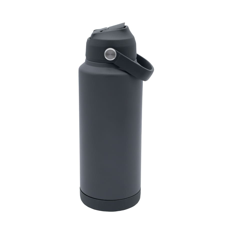 A drink bottle in dark grey, featuring a lid with a handle and a small logo.
