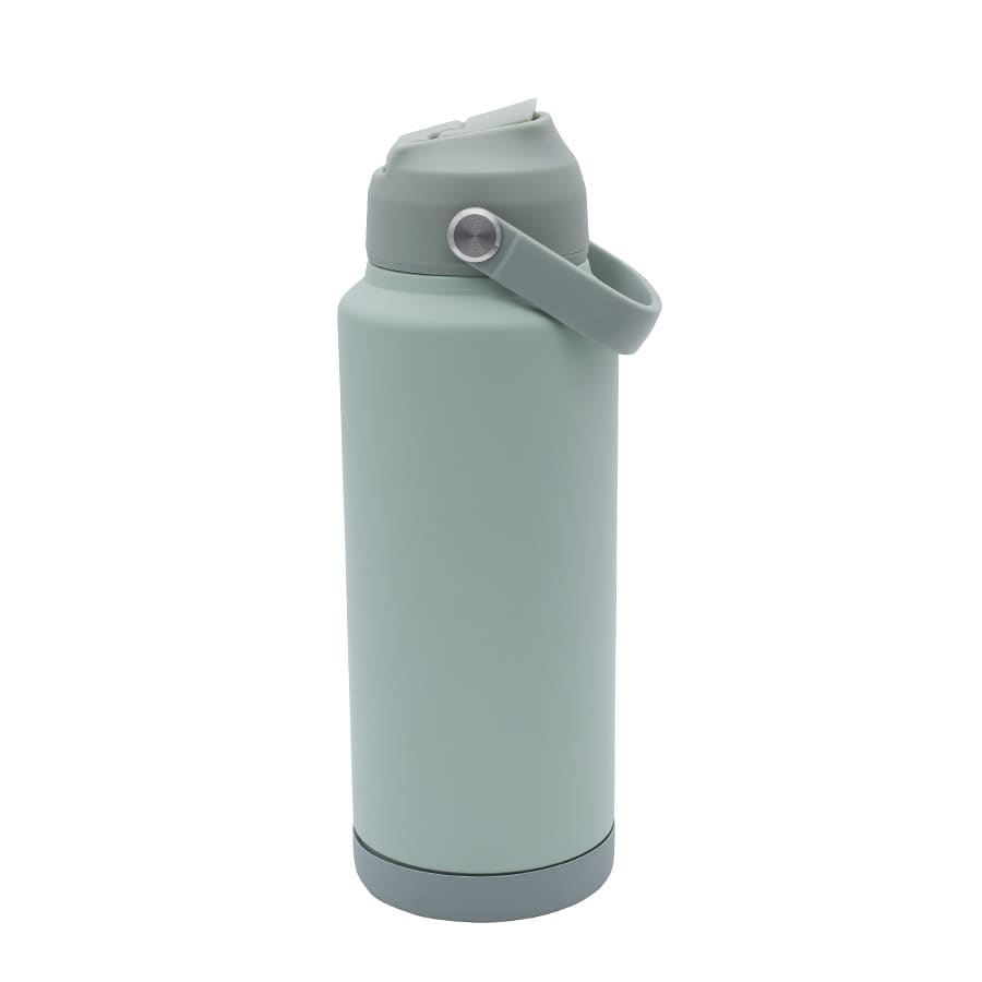 A drink bottle in a soft green shade with a removable lid and a carrying handle, featuring a logo.