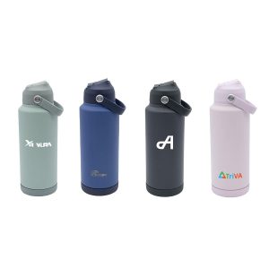 A drink bottle set featuring four designs in green, blue, grey, and pink, each with a logo and a carrying handle.