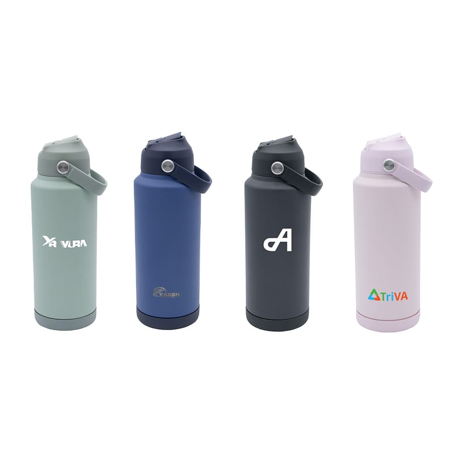 A drink bottle set featuring four designs in green, blue, grey, and pink, each with a logo and a carrying handle.