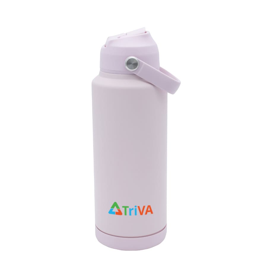 A drink bottle in light purple featuring a handle and a screw-top lid, with a logo on the front.