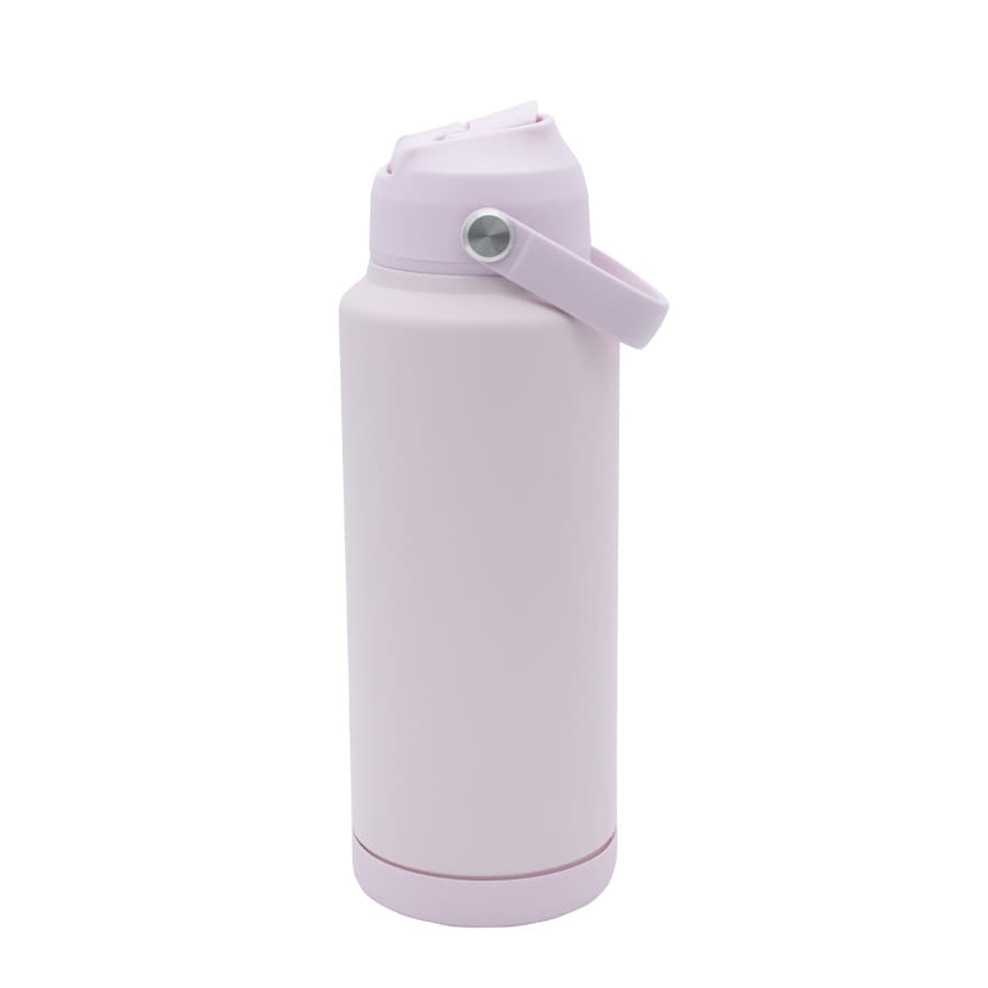 A drink bottle in pale pink with a secure lid and a carrying handle. It features a logo on the side.