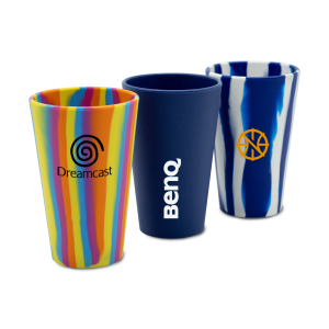 A set of three colourful plastic cups featuring a striped design and different logos, including blue and multicoloured options.