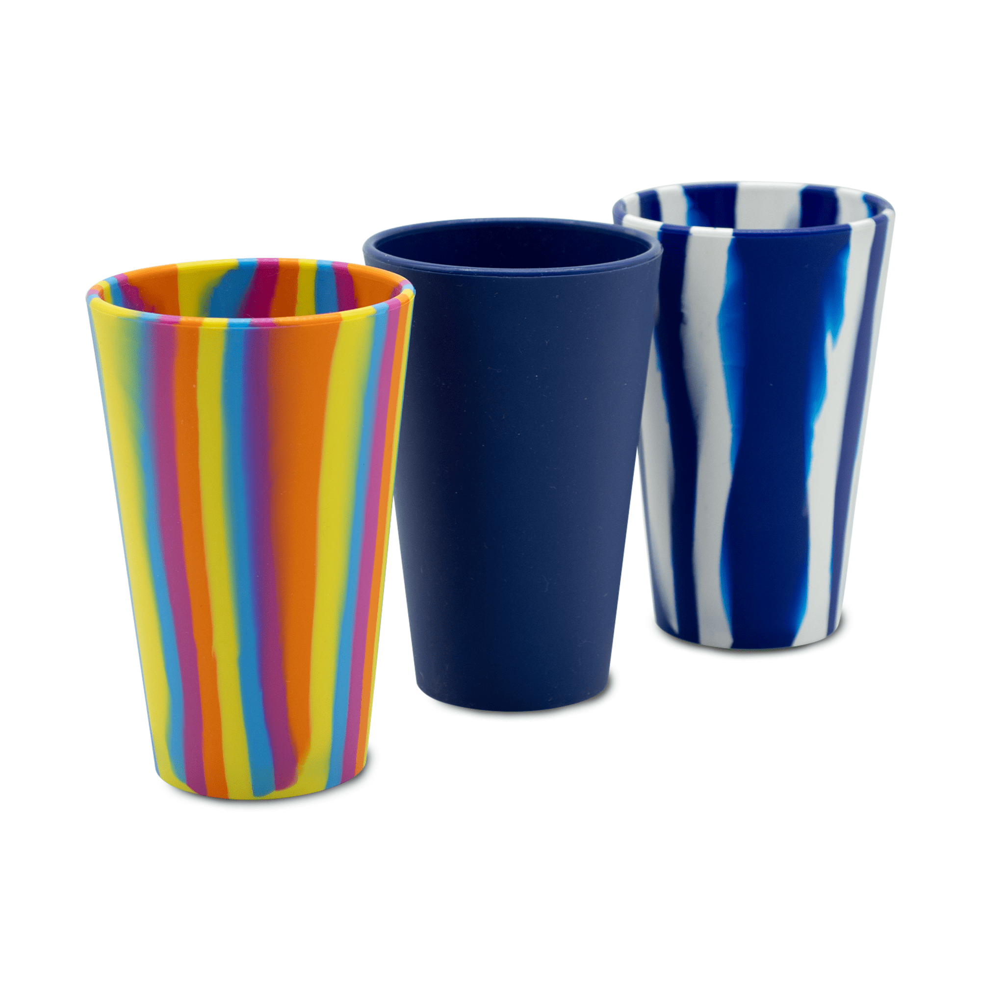 A drink bottle featuring three plastic cups: one multi-coloured striped, one solid navy blue, and one blue with white stripes.