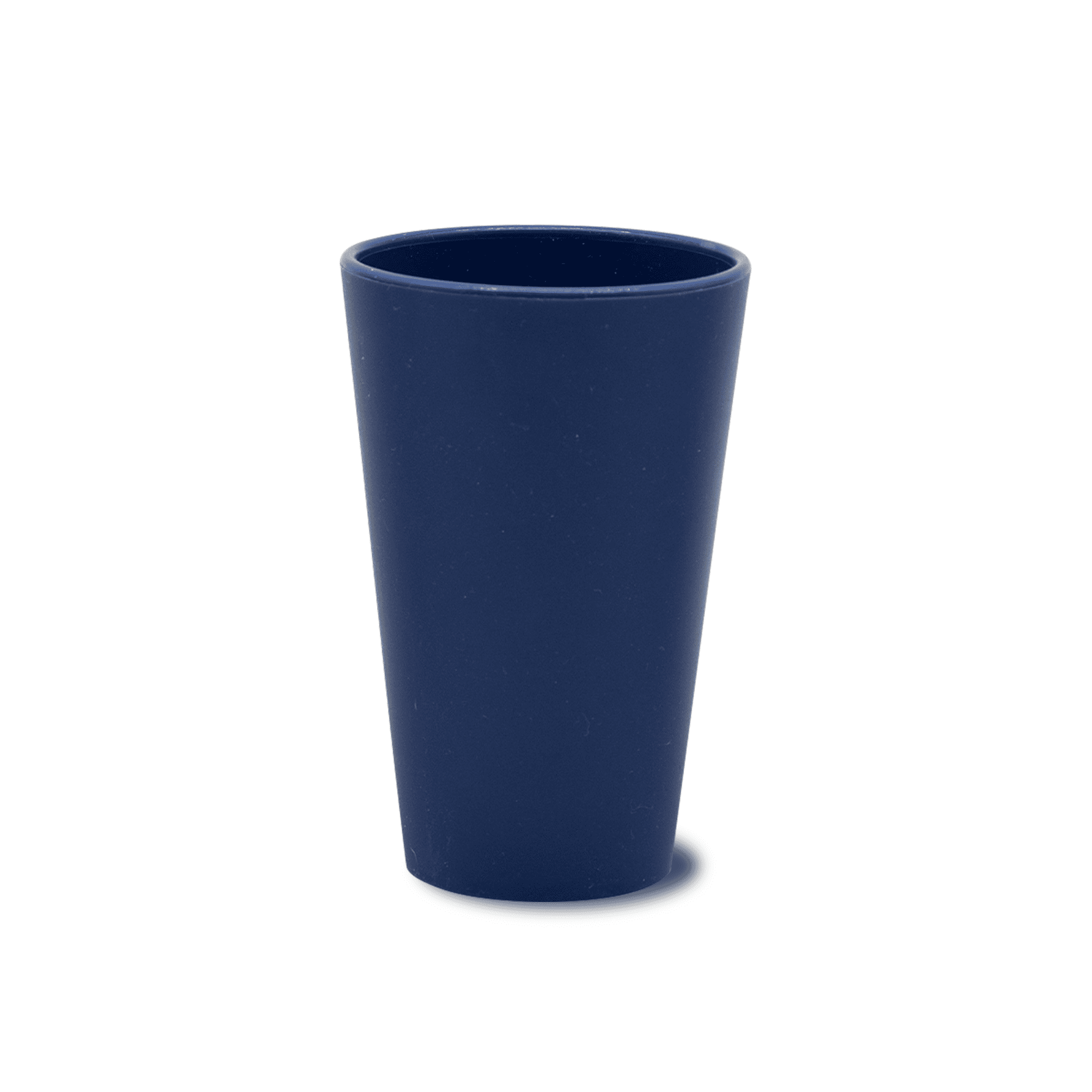 A navy blue plastic cup with a tapered design and a smooth surface, featuring a logo.
