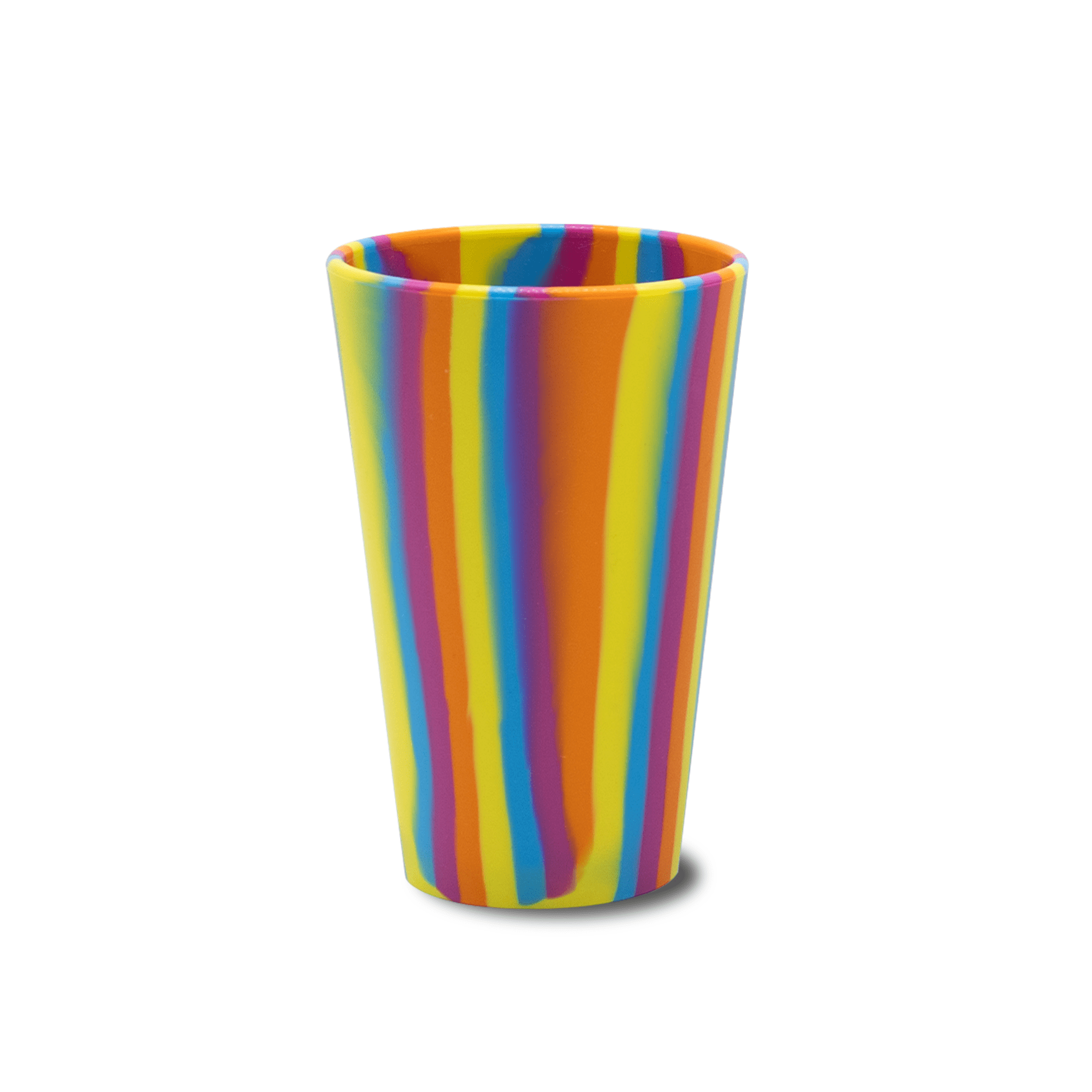 A drink cup with a vibrant design featuring stripes of orange, yellow, blue, green, and purple. It has a logo.
