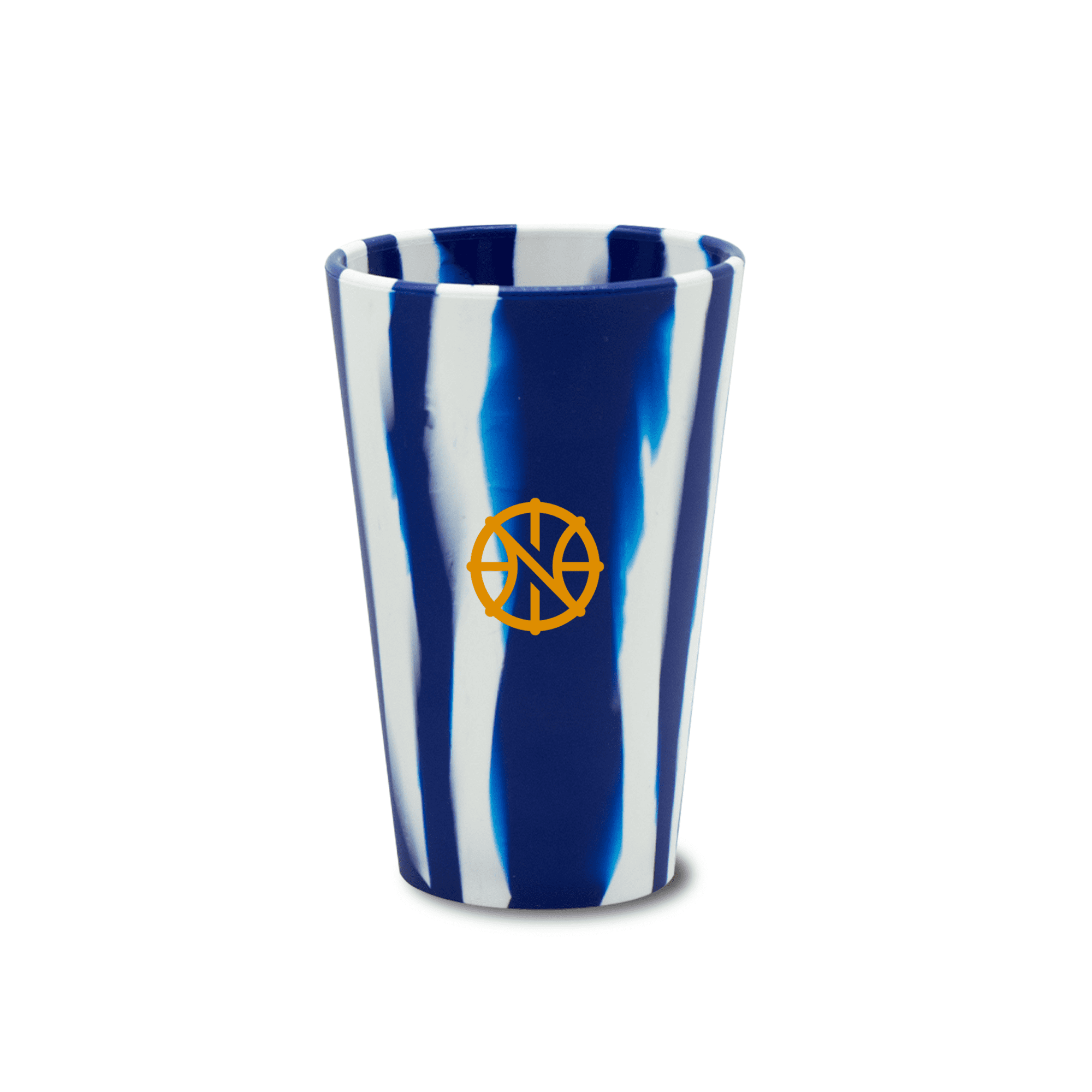 A drink bottle in blue and white stripes, featuring a logo, designed as a 470mL cup.