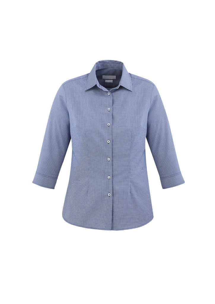 A women's blue button-up shirt with 3/4 sleeves and a collar, featuring a subtle pattern and a logo.