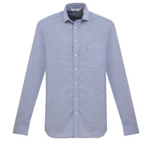 A long sleeve button-up shirt in light blue with a chest pocket and a logo.
