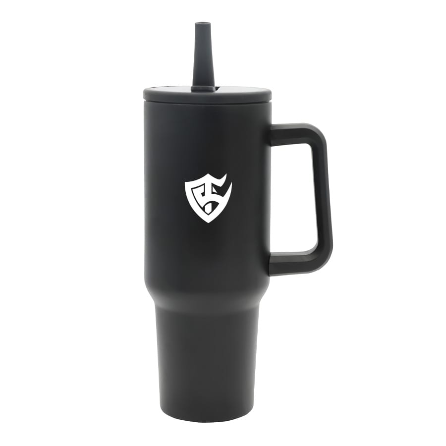 A drink bottle in matte black with a handle and a straw, featuring a logo on one side.