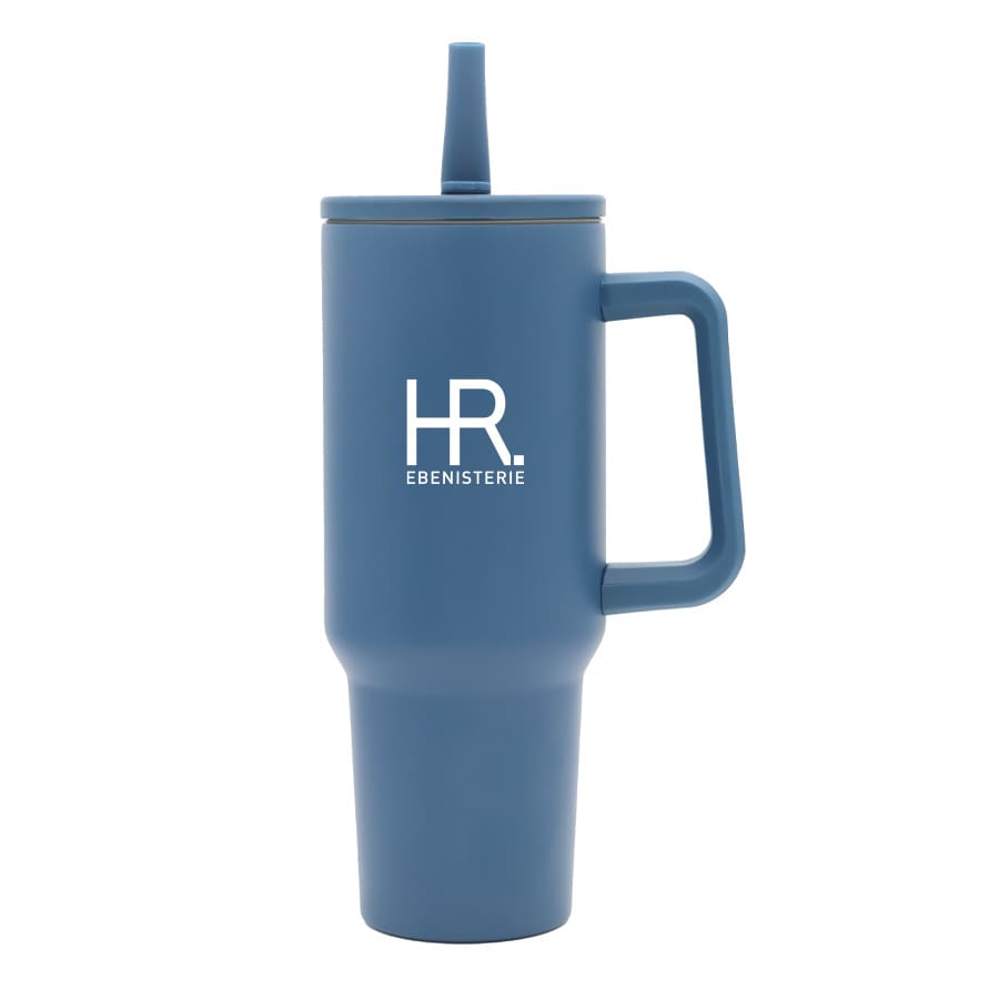 A drink bottle featuring a blue design, a handle, and a straw, with a logo on its side.