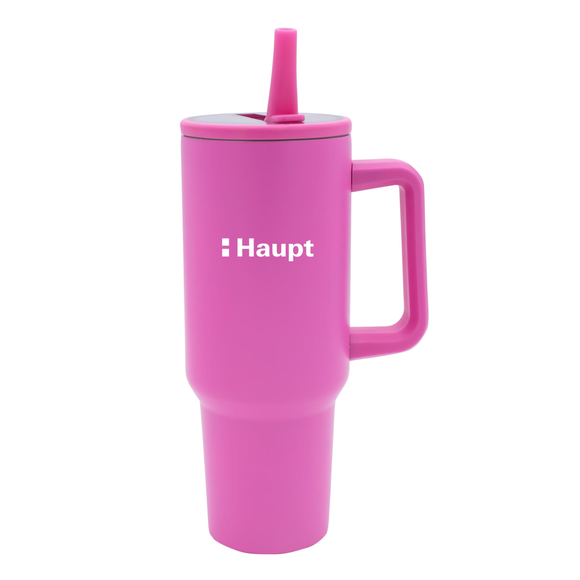 A drink bottle in vibrant pink with a handle, straw, and a logo on the side. Suitable for beverages.