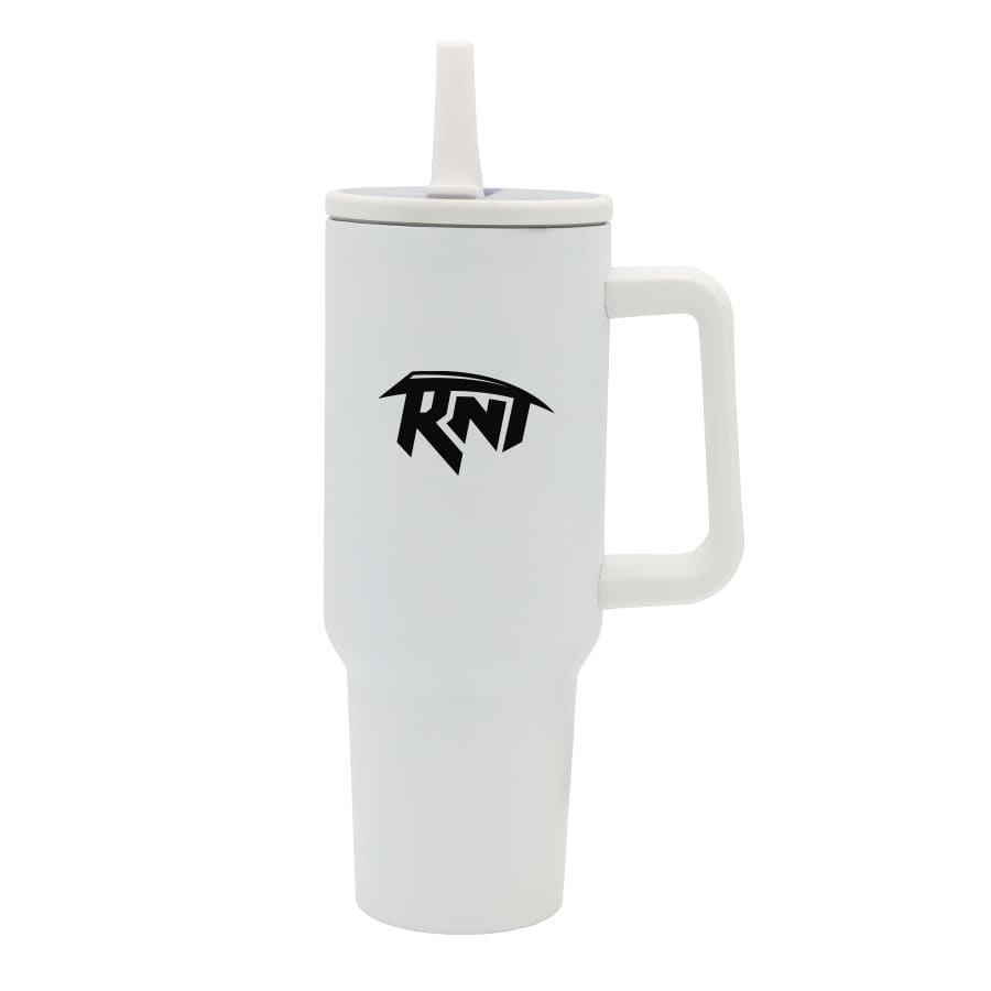 A drink bottle in white, featuring a handle and a straw lid, with a logo on the front.