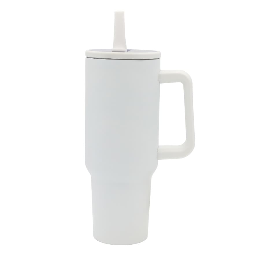 A drink bottle with a white finish, featuring a handle and a lid with a straw, has a logo on the side.