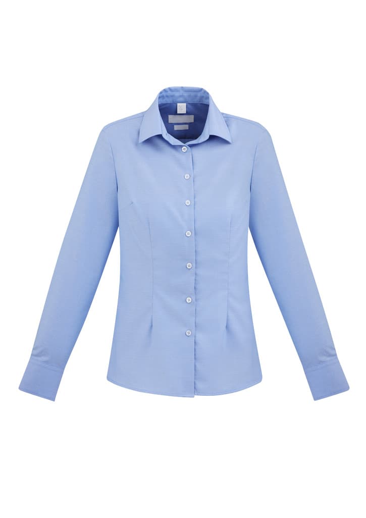 Light blue women's button-up shirt with long sleeves and a fitted design, featuring a collar and buttons down the front.