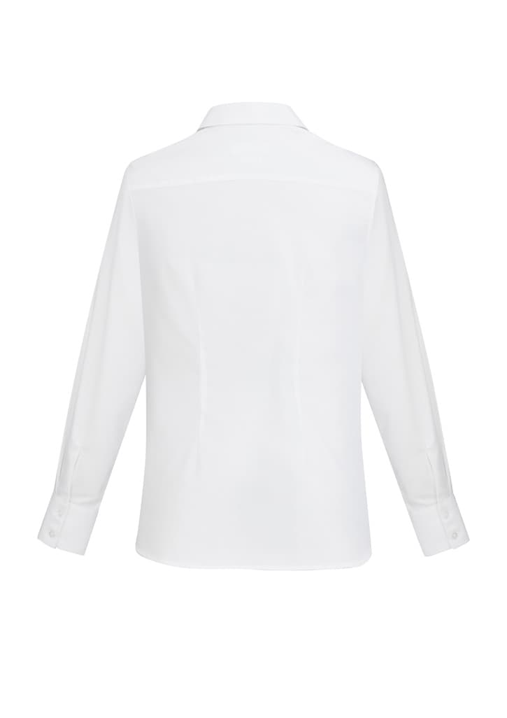 A white long sleeve women's button-up shirt featuring a classic collar and buttoned cuffs, with a subtle logo.