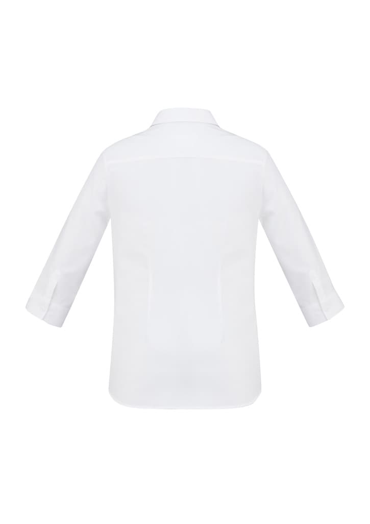 A white women's 3/4 sleeve button-up shirt featuring a back view with a subtle logo.