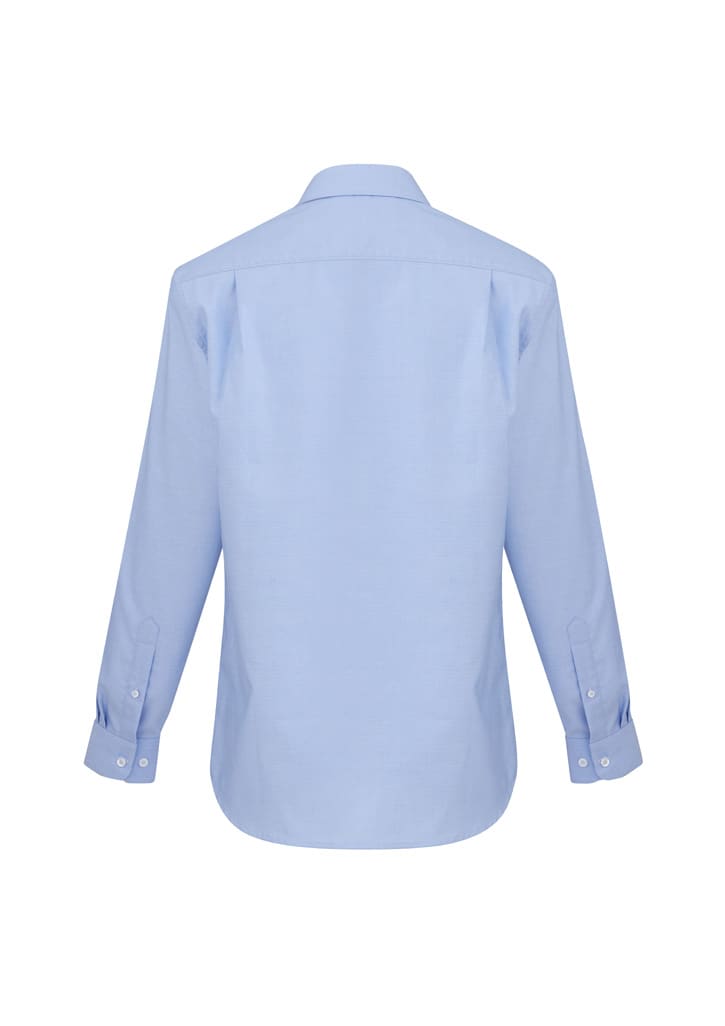 A light blue long sleeve button-up shirt with a back view and a logo on the label.