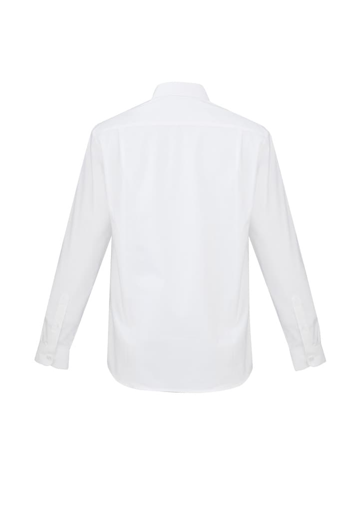 A white long sleeve button-up shirt with a collar and buttoned cuffs, featuring a logo on the back.