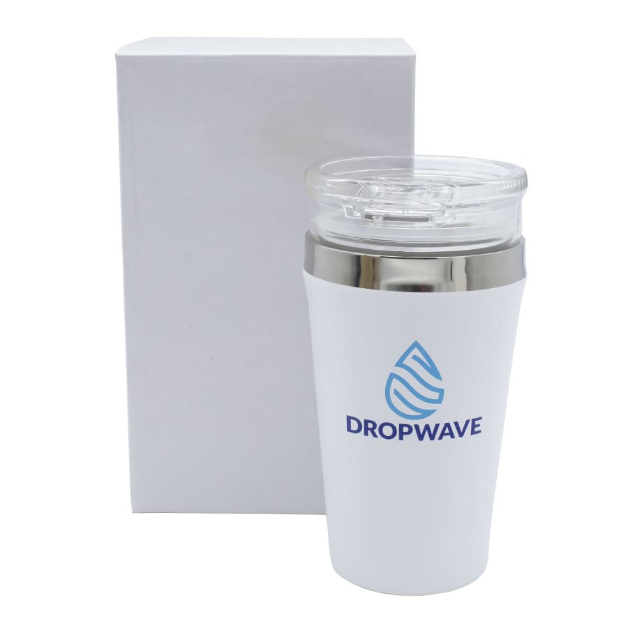 A drink bottle featuring a white exterior with a stainless steel base and a clear lid, packaged in a plain box.