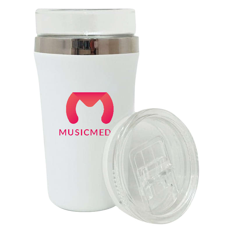 A drink bottle featuring a sleek white design with a transparent lid and a branding logo.
