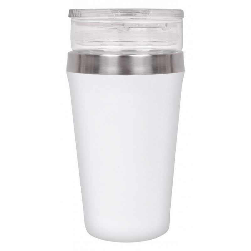 A drink bottle in white with a transparent lid and stainless steel band, featuring a logo.