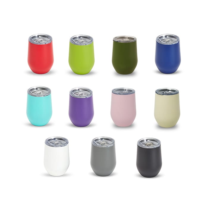A collection of Zen Mirror Finish Mugs in various colours, each with a silver lid and a logo.