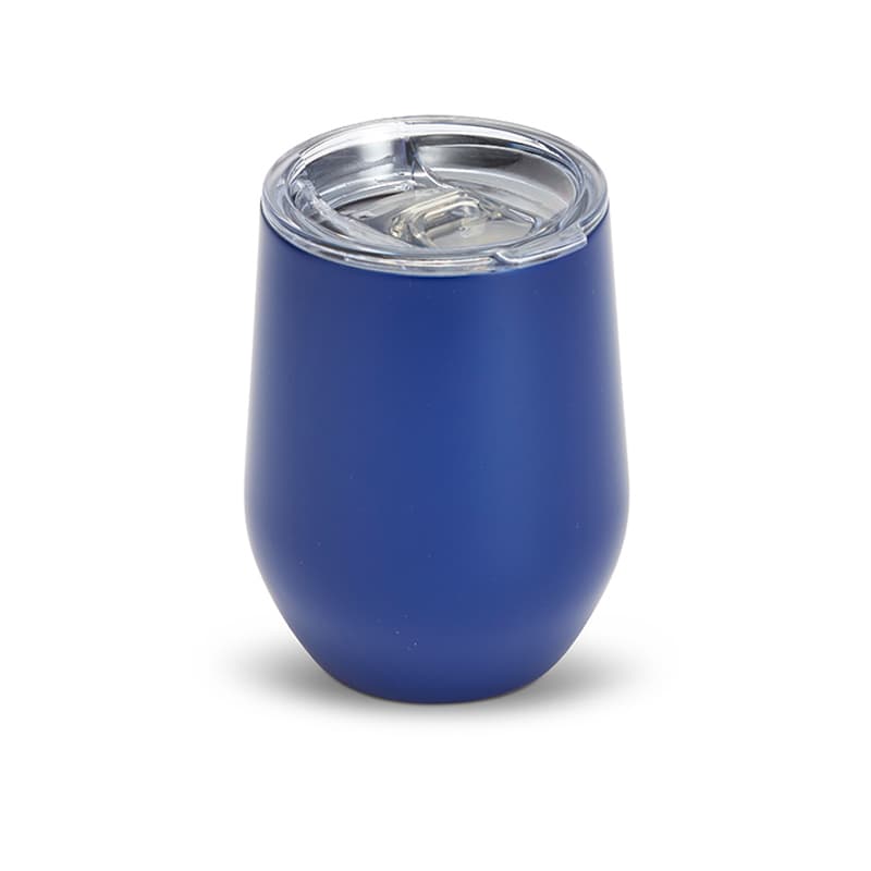 A blue drink mug with a clear lid and a sleek, rounded design. Features a branding logo.