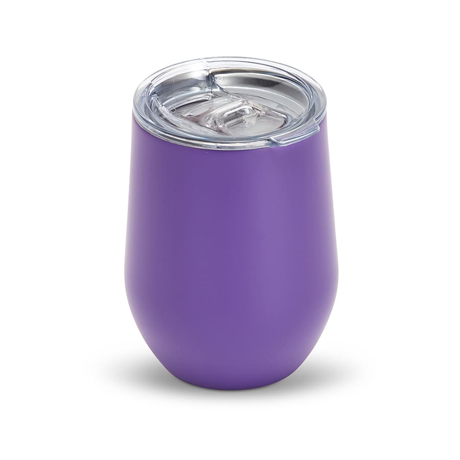 A purple drink mug with a clear lid, featuring a sleek mirror finish design. It has a logo on the side.