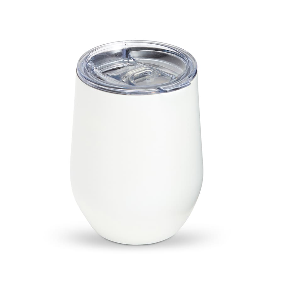 A drink bottle in a white finish with a clear lid, featuring a logo. Ideal for beverages.