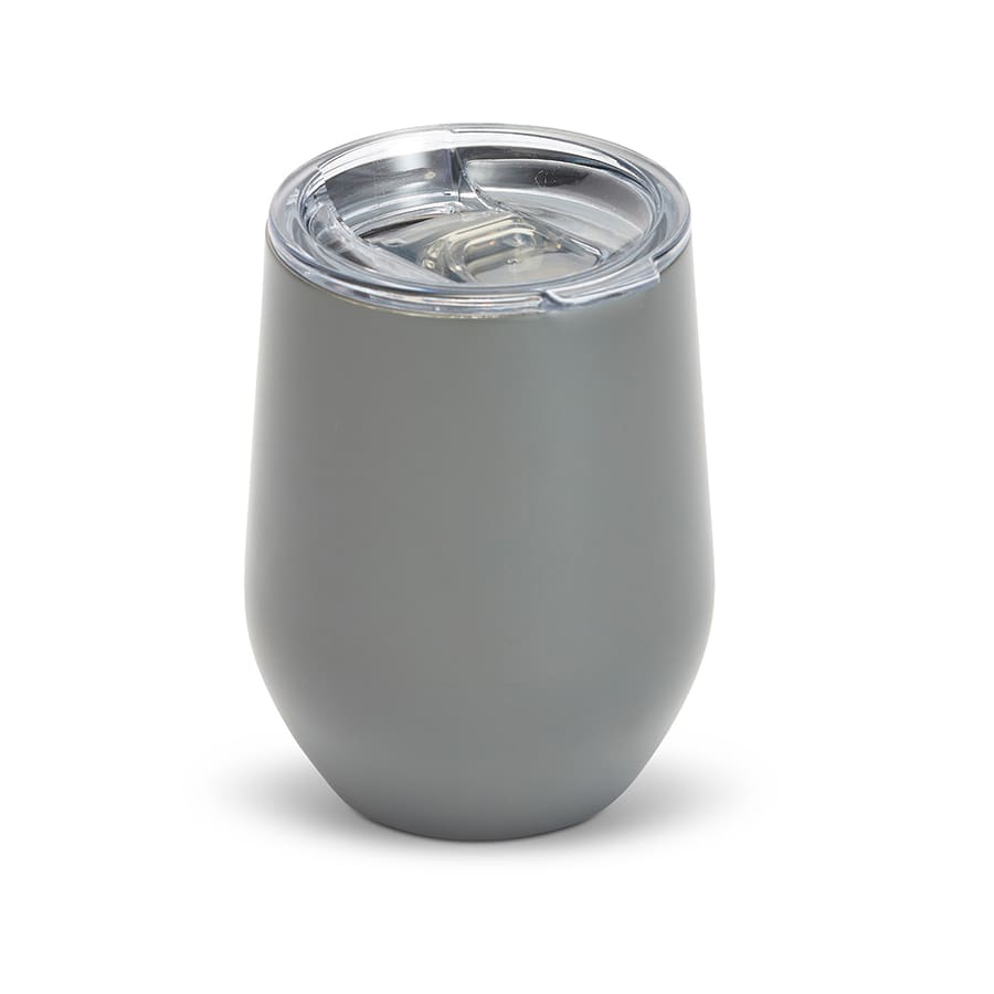 A grey Zen Mirror Finish mug with a clear lid, designed for beverages, featuring a sleek, modern shape.