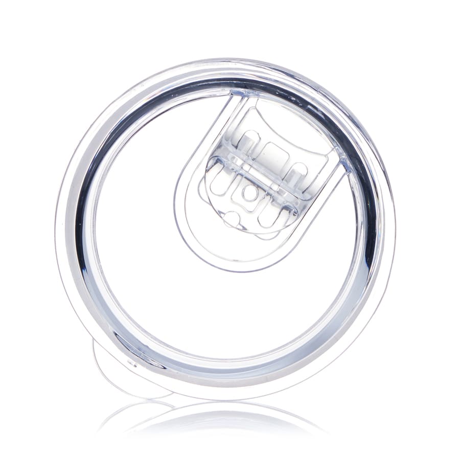 A clear drink bottle lid with a smooth, reflective finish, featuring a convenient opening mechanism.